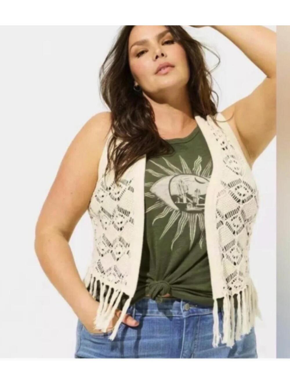 Torrid Cream Crochet Fringe Sleeveless Open Front Vest Boho Kimono Plus Size 2